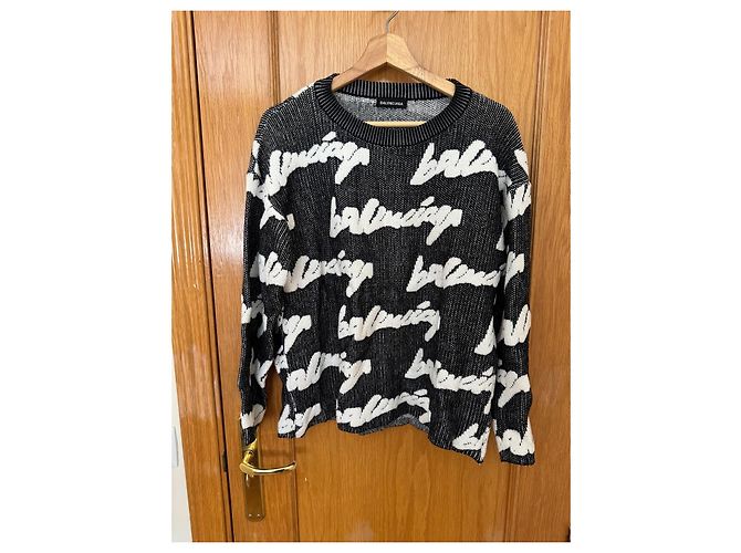 Balenciaga Wollpullover mit handgeschriebenem Logo Schwarz Weiß - Ansicht 2