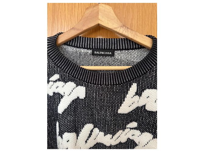 Balenciaga Wollpullover mit handgeschriebenem Logo Schwarz Weiß - Ansicht 3