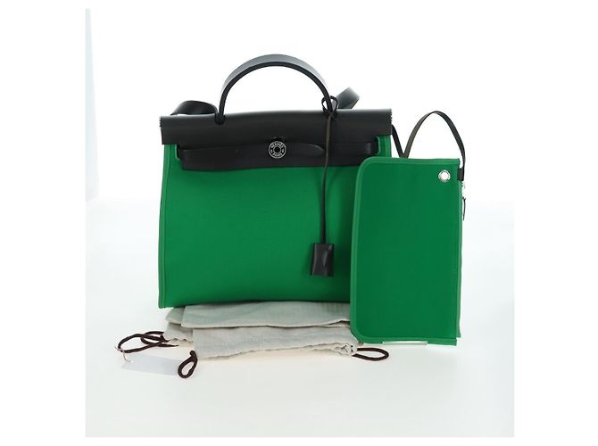Hermès Borsa HERMES Air Zip PM Canvas 2way Verde Argento Auth 199157SM - vista 12