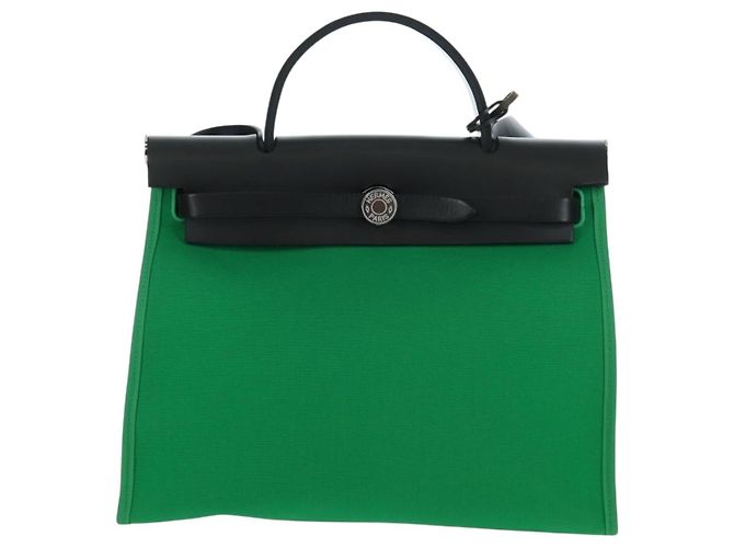 Hermès Borsa HERMES Air Zip PM Canvas 2way Verde Argento Auth 199157SM - vista 13