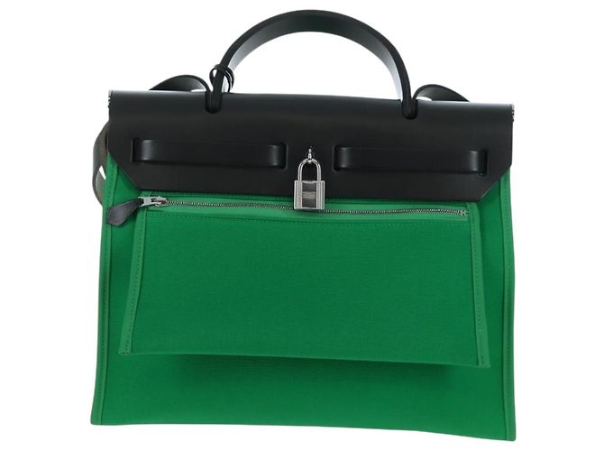 Hermès Borsa HERMES Air Zip PM Canvas 2way Verde Argento Auth 199157SM - vista 2