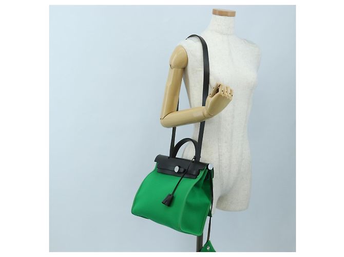 Hermès Borsa HERMES Air Zip PM Canvas 2way Verde Argento Auth 199157SM - vista 34
