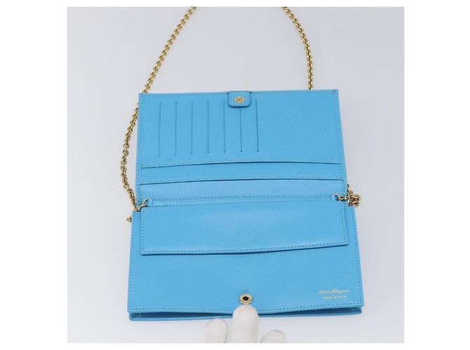 Salvatore Ferragamo Vala Chain Shoulder Wallet Leather Blue Gold Auth hk4008A D'oro - vista 10