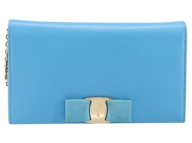 Salvatore Ferragamo Vala Chain Shoulder Wallet Leather Blue Gold Auth hk4008A D'oro - vista 13