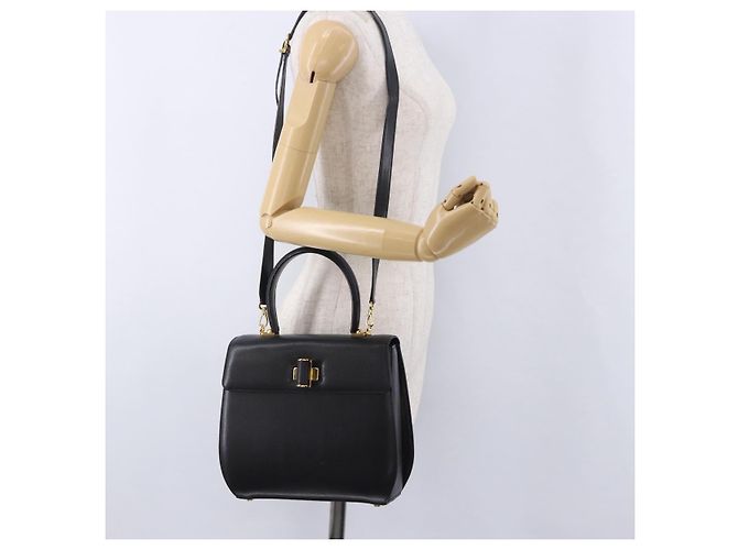 Salvatore Ferragamo Gancini Handtasche Leder 2way Schwarz Gold Auth 200051A Golden - Ansicht 27