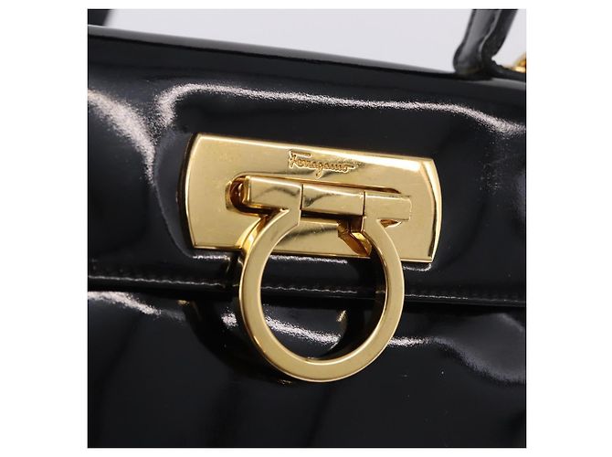 Borsa Salvatore Ferragamo Vernice 2way Nero Tono Oro Auth 196403 - vista 21