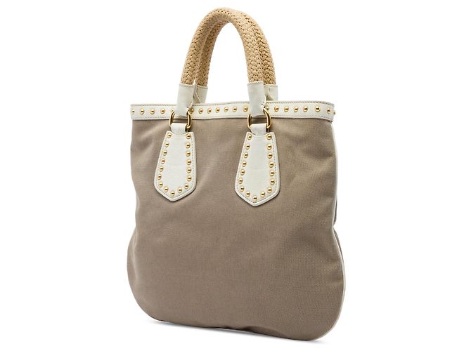 Bolsa Satchel Prada em lona Canapa marrom com tachas, logo e alças de corda - vista 2