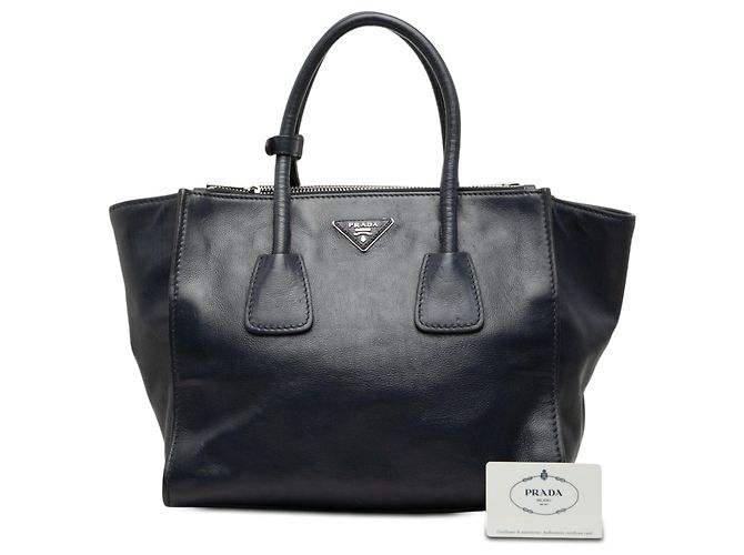 Double Borsa Satchel Prada in vitello Glace blu con doppio manico e doppie tasche - vista 7