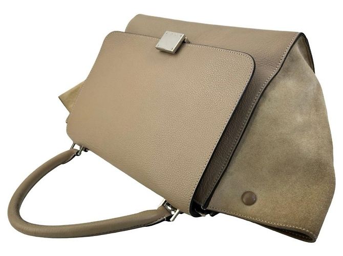 Céline Celine Trapeze Borsa in Pelle e Camoscio Beige - vista 4