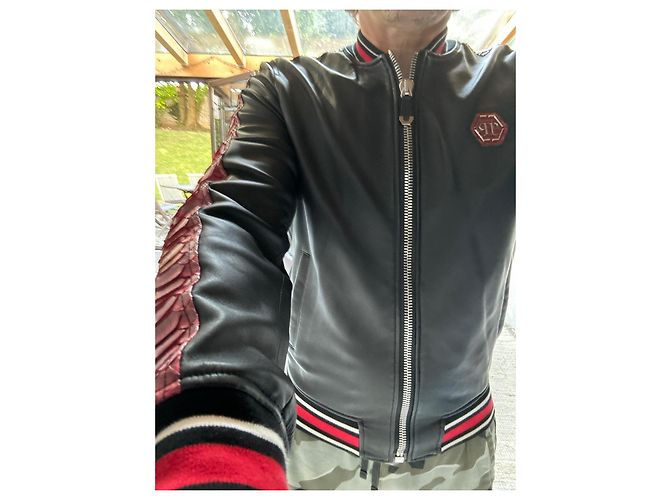 Philipp Plein Bomber de Cuero y Pitón Negro Roja - vista 4