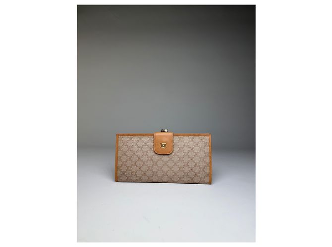 Triomphe Céline Vintage Celine Monogram Canvas Bifold Wallet Beige Brown - view 10