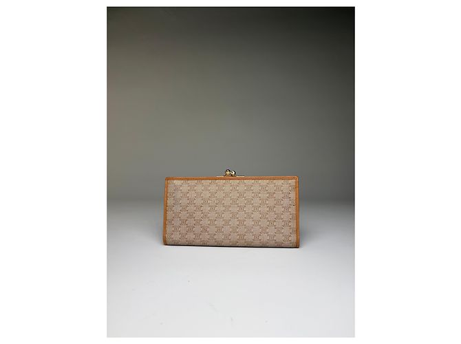 Triomphe Céline Vintage Celine Monogram Canvas Bifold Wallet Beige Brown - view 11