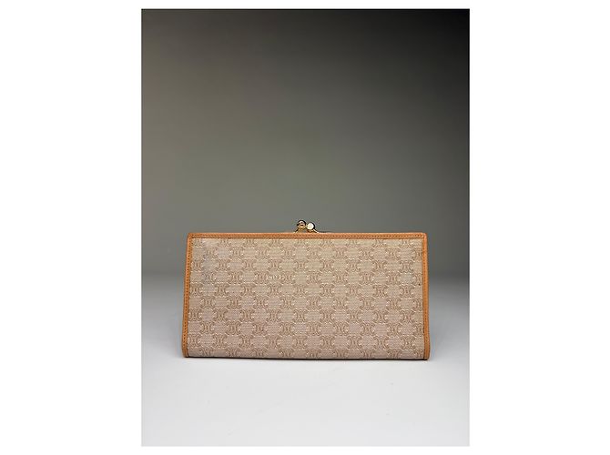 Triomphe Céline Vintage Celine Monogram Canvas Bifold Wallet Beige Brown - view 2