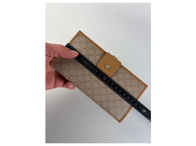 Triomphe Céline Vintage Celine Monogram Canvas Bifold Wallet Beige Brown - view 8
