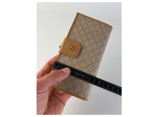Triomphe Céline Vintage Celine Monogram Canvas Bifold Wallet Beige Brown - view 9