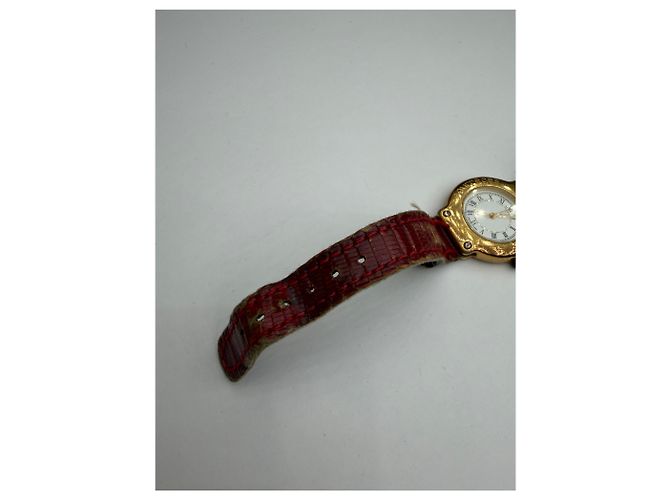 Vintage Courreges Quartz Uhr Gold mit rotem Krokodil-Effekt-Armband Weiß - Ansicht 2