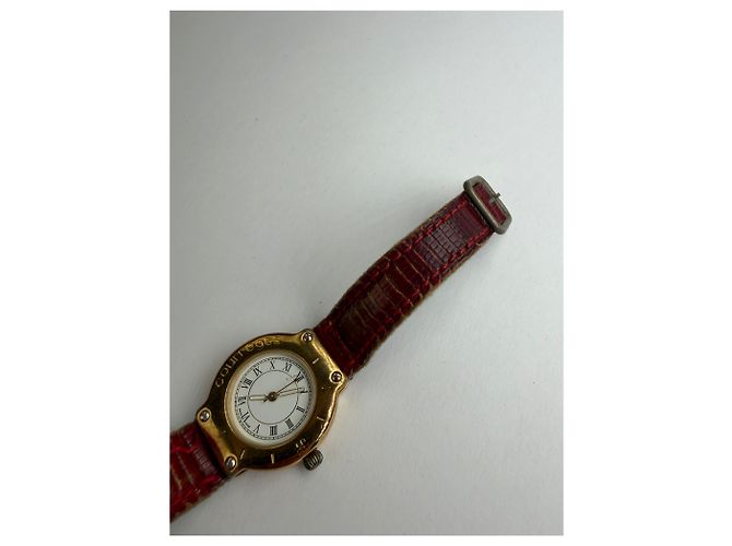 Vintage Courreges Quartz Uhr Gold mit rotem Krokodil-Effekt-Armband Weiß - Ansicht 3