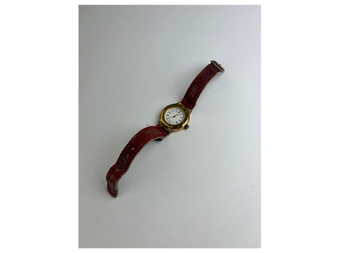 Vintage Courreges Quartz Uhr Gold mit rotem Krokodil-Effekt-Armband Weiß - Ansicht 5