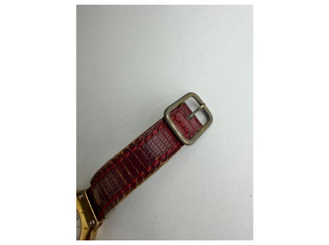 Vintage Courreges Quartz Uhr Gold mit rotem Krokodil-Effekt-Armband Weiß - Ansicht 6
