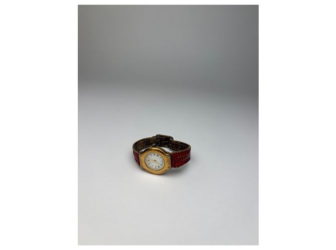 Vintage Courreges Quartz Uhr Gold mit rotem Krokodil-Effekt-Armband Weiß - Ansicht 7