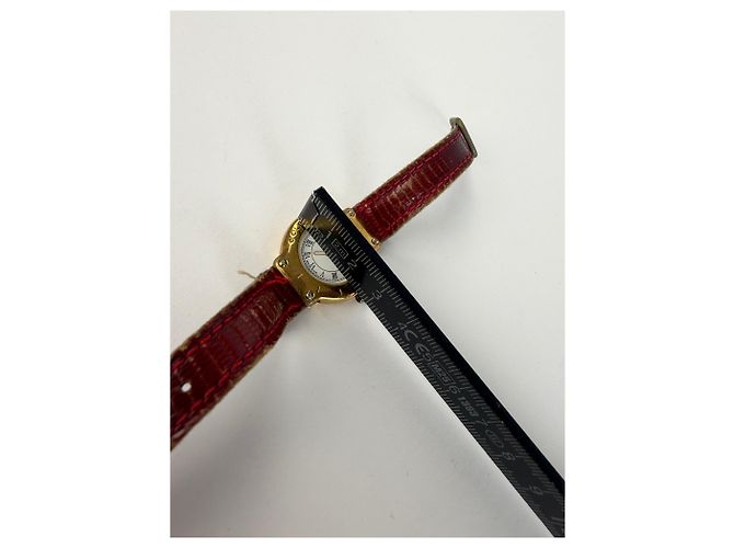 Vintage Courreges Quartz Uhr Gold mit rotem Krokodil-Effekt-Armband Weiß - Ansicht 8