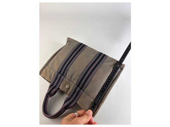 Hermès Vintage Hermes Canvas Stripe Tote Grau Schwarz Lila - Ansicht 12