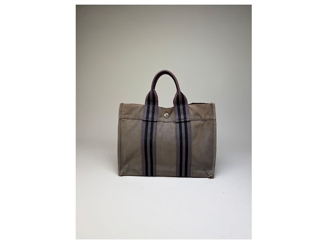 Hermès Vintage Hermes Canvas Stripe Tote Grau Schwarz Lila - Ansicht 2