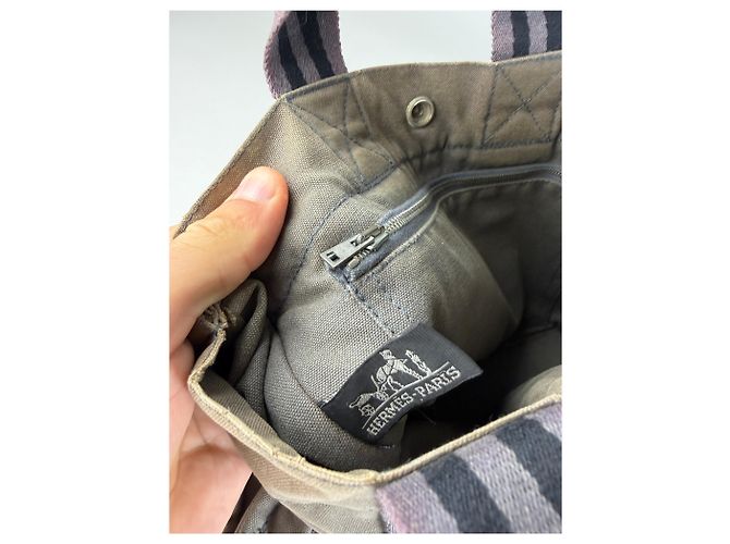 Hermès Vintage Hermes Canvas Stripe Tote Grau Schwarz Lila - Ansicht 4