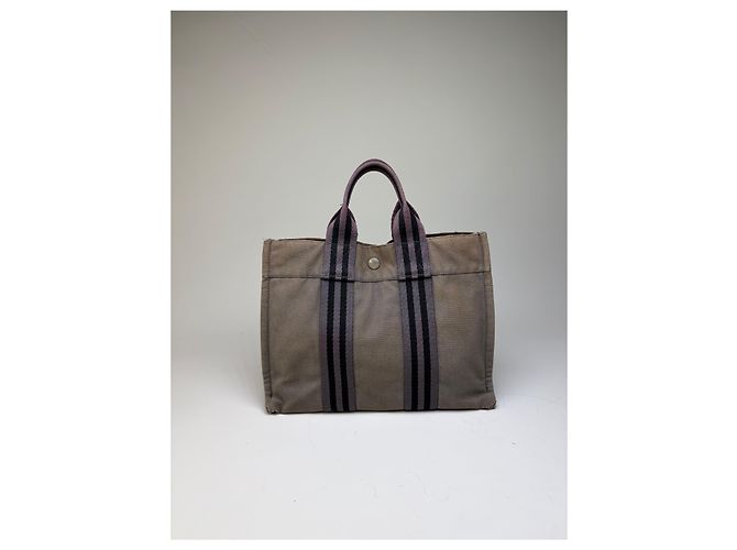 Hermès Vintage Hermes Canvas Stripe Tote Grau Schwarz Lila - Ansicht 6