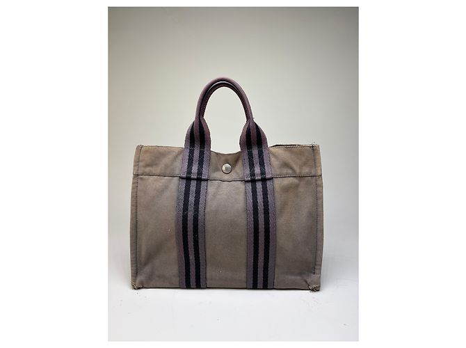 Hermès Vintage Hermes Canvas Stripe Tote Grau Schwarz Lila - Ansicht 8