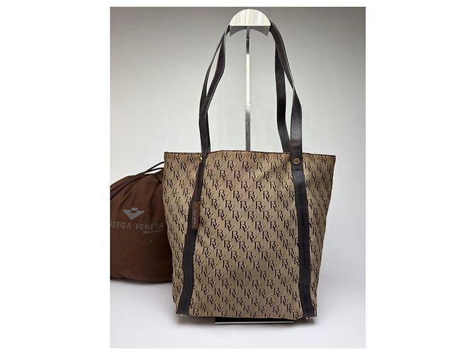 Tote Vintage Bottega Veneta Monogram Canvas Brown Beige Marrone - vista 12