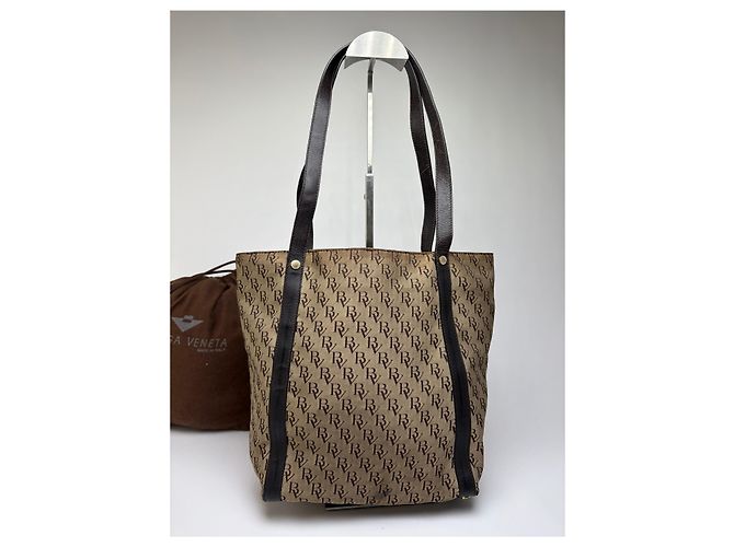 Tote Vintage Bottega Veneta Monogram Canvas Brown Beige Marrone - vista 13