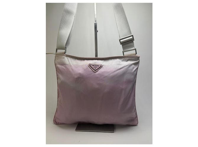 Vintage Prada Nylon Schultertasche mit Klappe Hellrosa Creme Beige - Ansicht 12