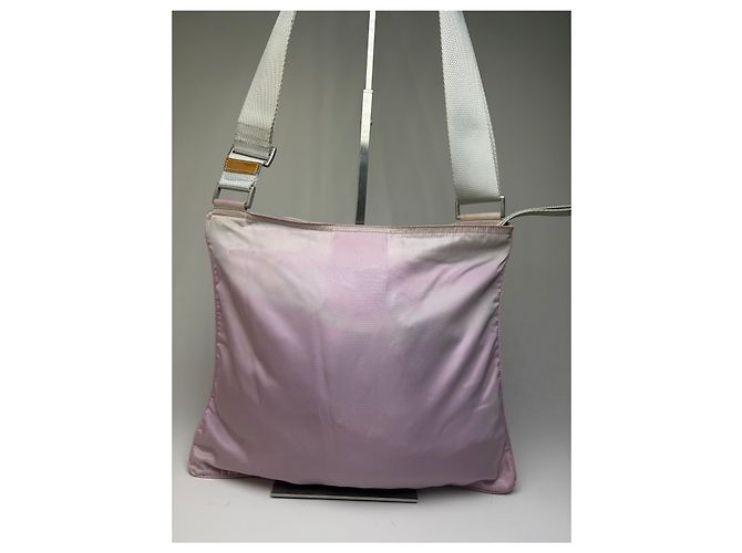 Vintage Prada Nylon Schultertasche mit Klappe Hellrosa Creme Beige - Ansicht 13