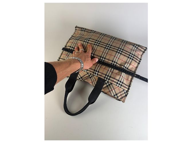 Sac Tote Vintage Burberry Tartan Coated Canvas Beige Navy - vista 10