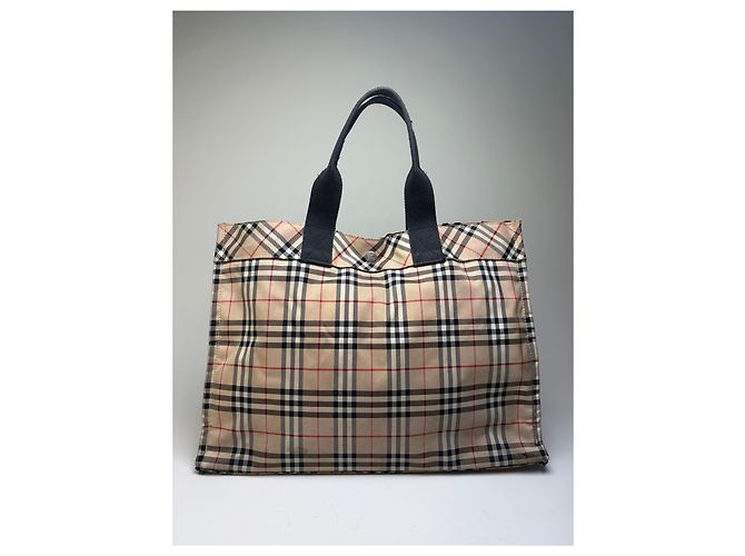 Sac Tote Vintage Burberry Tartan Coated Canvas Beige Navy - vista 13