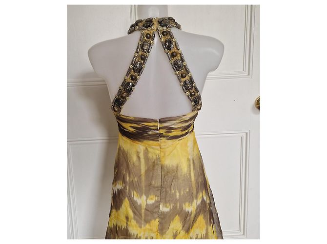 Autre Marque Vestido maxi de seda Jovani con cuello halter y adornos Castaño Blanco Amarillo - vista 2