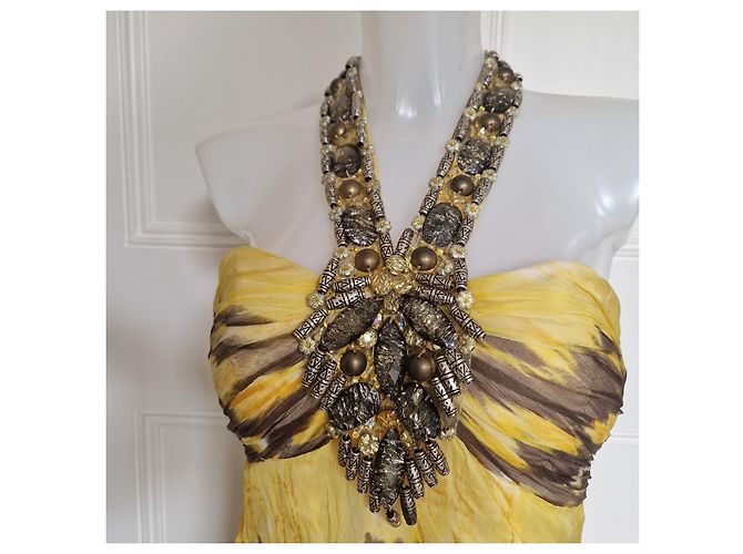 Autre Marque Vestido maxi de seda Jovani con cuello halter y adornos Castaño Blanco Amarillo - vista 3
