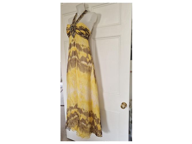 Autre Marque Vestido maxi de seda Jovani con cuello halter y adornos Castaño Blanco Amarillo - vista 4