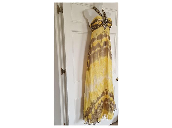 Autre Marque Vestido maxi de seda Jovani con cuello halter y adornos Castaño Blanco Amarillo - vista 5