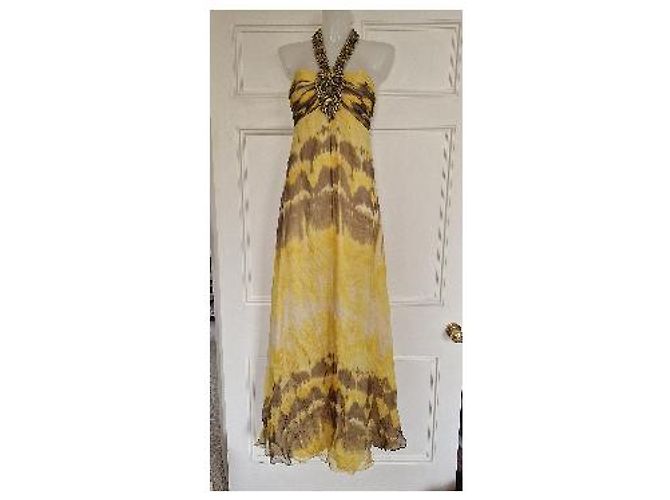Autre Marque Vestido maxi de seda Jovani con cuello halter y adornos Castaño Blanco Amarillo - vista 7