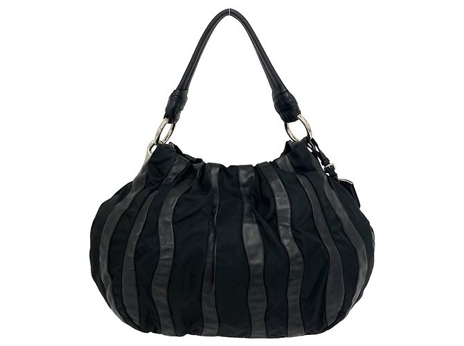 Borsa Tote a Spalla Prada in Pelle Nera e Nylon Nero - vista 3