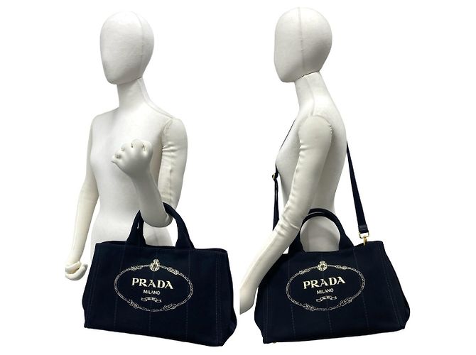 Tote Sac à épaule Prada Canapa en toile avec logo triangle métallique Noir - vue 2