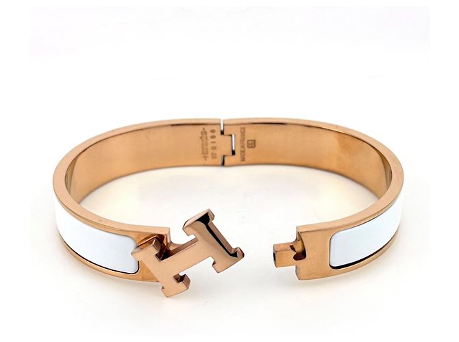 Hermès Pulsera Rígida de Esmalte Hermes HERMES Clic H Blanco Dorado - vista 2