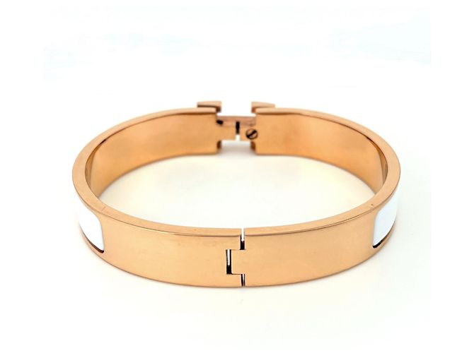 Hermès Pulsera Rígida de Esmalte Hermes HERMES Clic H Blanco Dorado - vista 3
