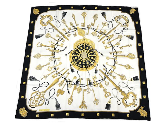 Hermès Foulard Hermes Carre 90 LES CLES da donna Nero Bianco Multicolore D'oro - vista 2