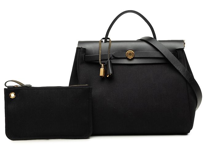 Hermès Herbag Zip 31 in Toile Military Nera e Vache Hunter Nero - vista 7