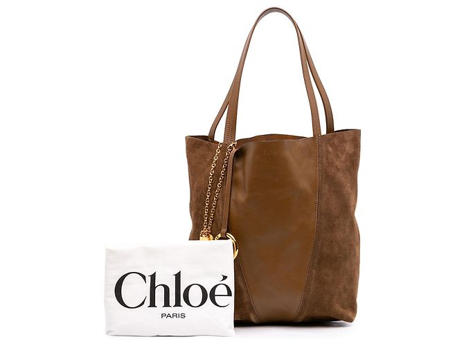 mala Spin Tote Chloé em camurça castanha e couro de búfalo grão Marrom Caqui - vista 7