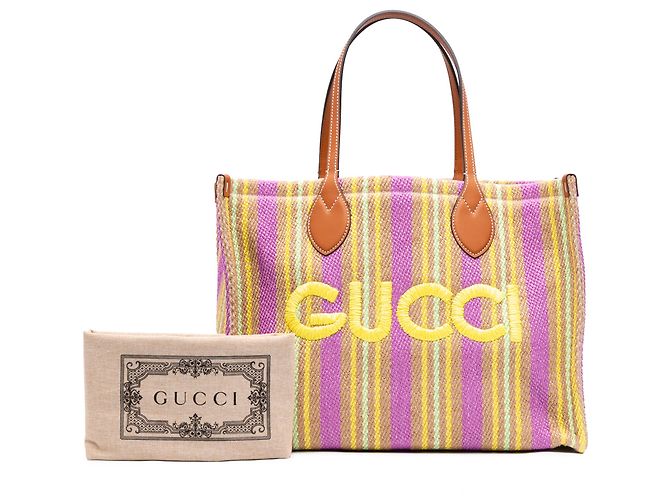 Borsa Shopper Tote Gucci in juta ricamata con logo, viola, Medium Porpora - vista 7
