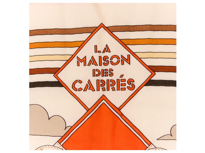 Hermès Foulard in cashmere e seta Hermes La Maison des Carrés Beige Arancione - vista 11